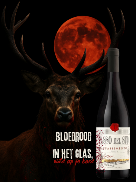 Bloedrood in het glas, wild op tafel Doos 6 flessen